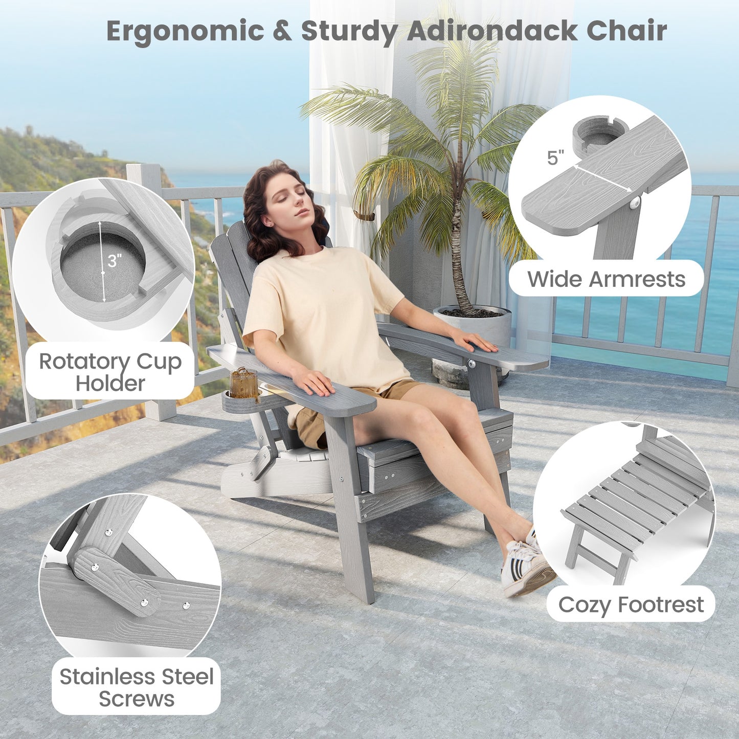 All-Weather HIPS Patio Adirondack Lounge Chair, Retractable Footrest, Gray Adirondack Chairs at Gallery Canada