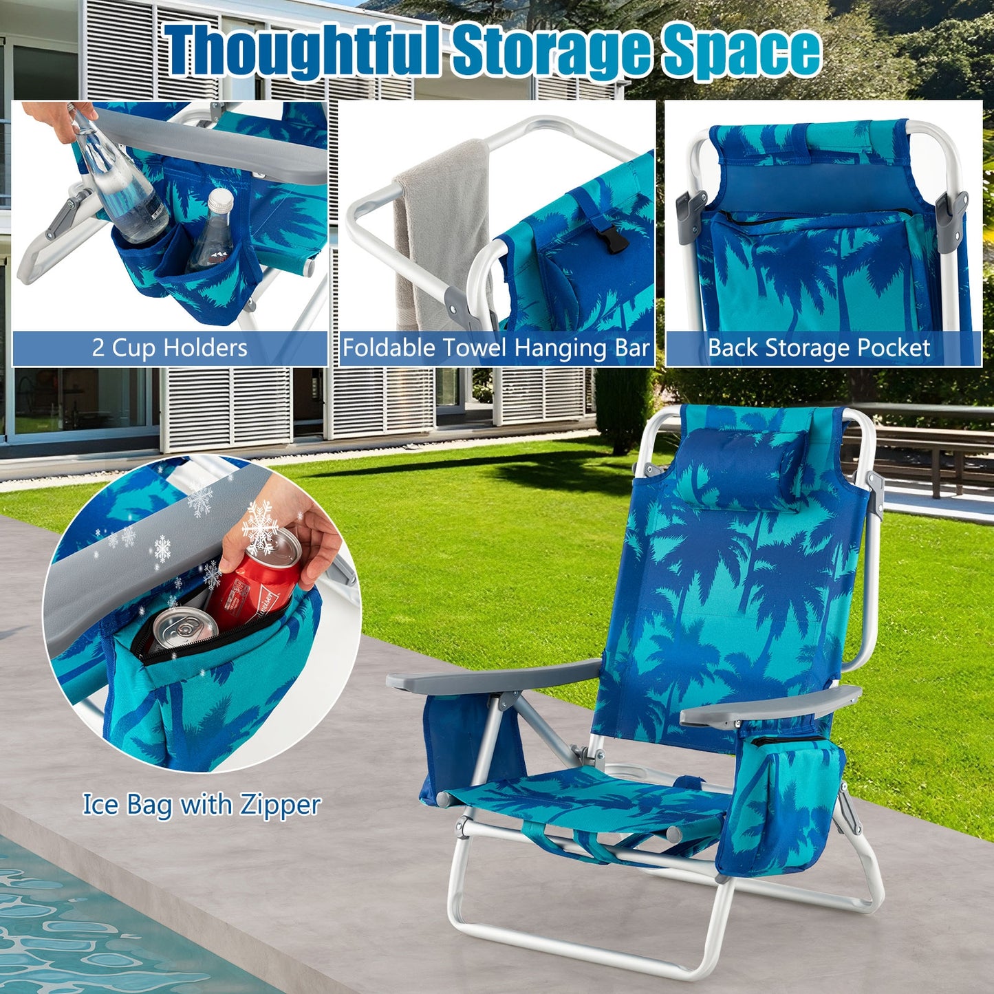 Folding Backpack Beach Chair With Pillow, Peacock Blue Beach & Lawn Chairs at Gallery Canada
