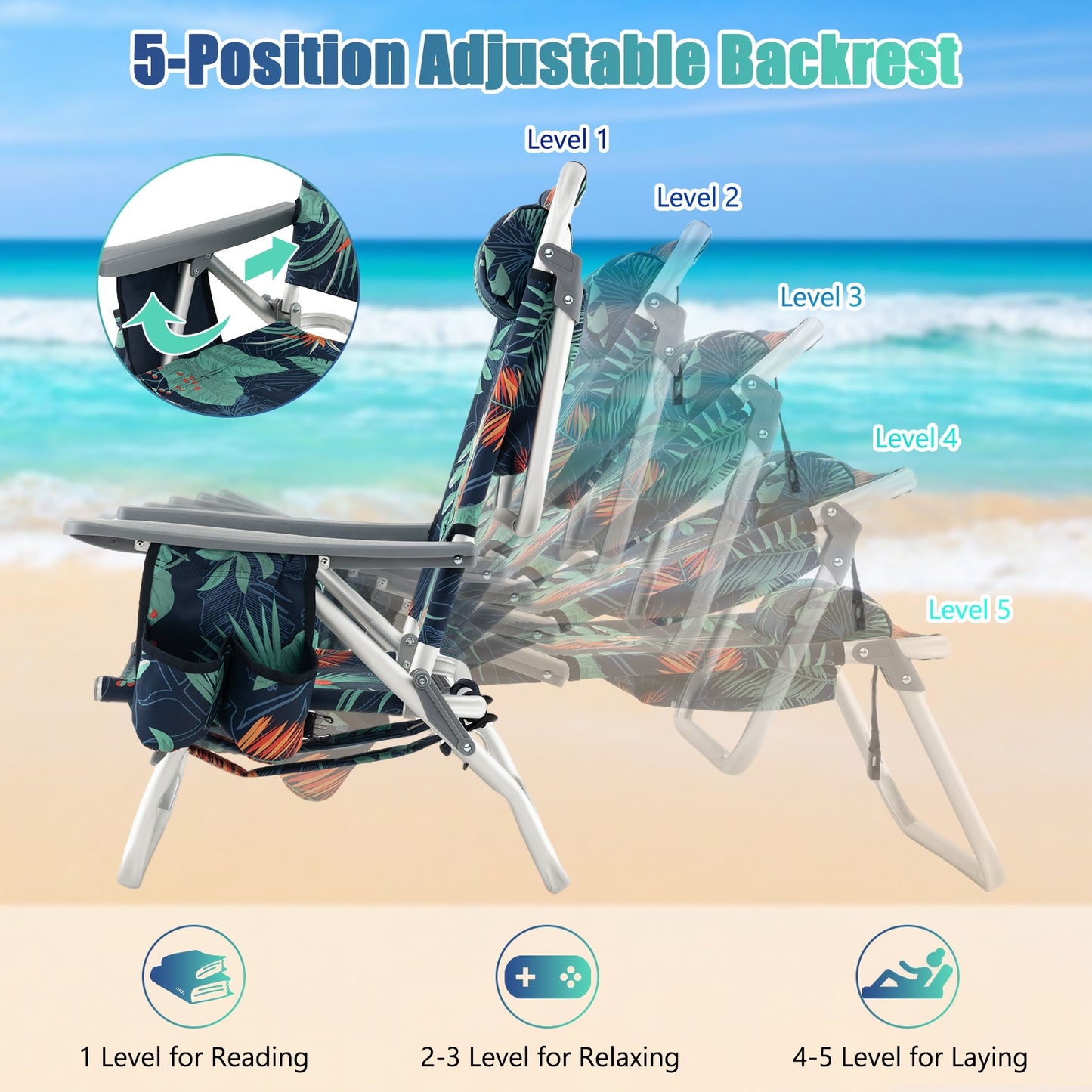 Folding Backpack Beach Chair With Pillow, 2 Pieces, Multicolor Beach & Lawn Chairs at Gallery Canada