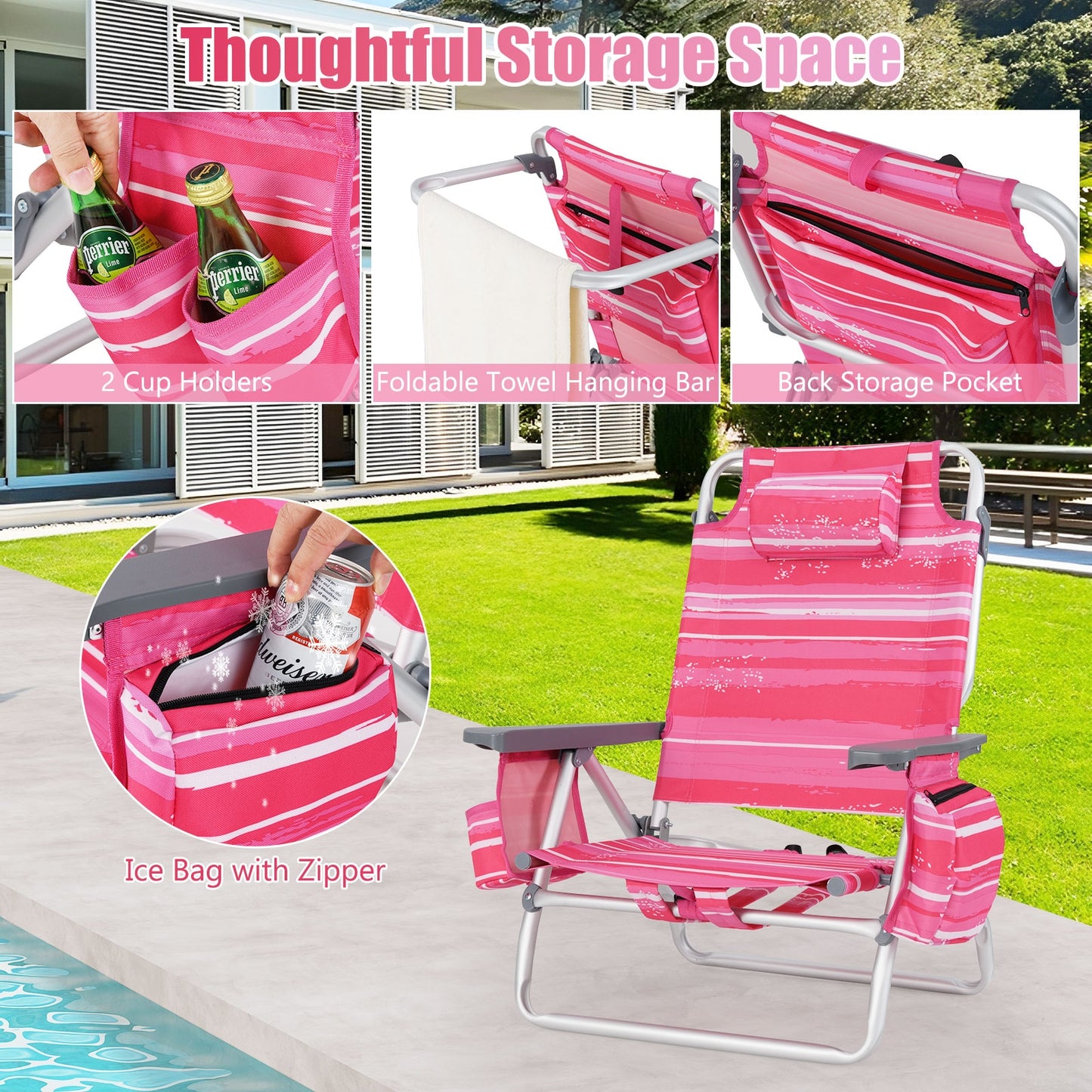 2 Pieces Folding Backpack Beach Chair with Pillow, Red & White Beach & Lawn Chairs at Gallery Canada