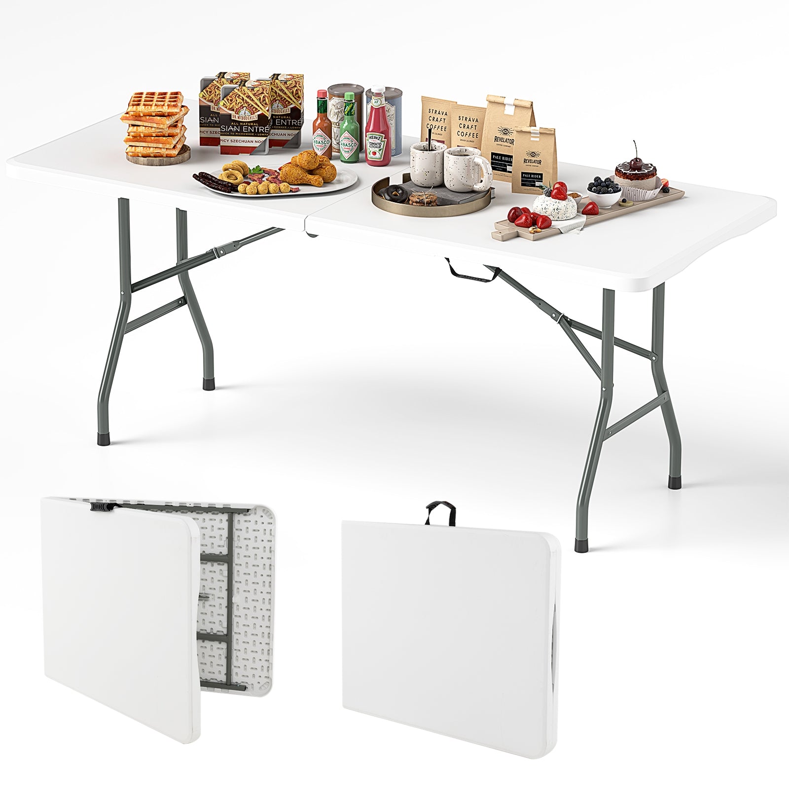 6 ft Portable Folding Table 350 LBS Fold-in-Half Table with HDPE Tabletop, White Camping Furniture at Gallery Canada
