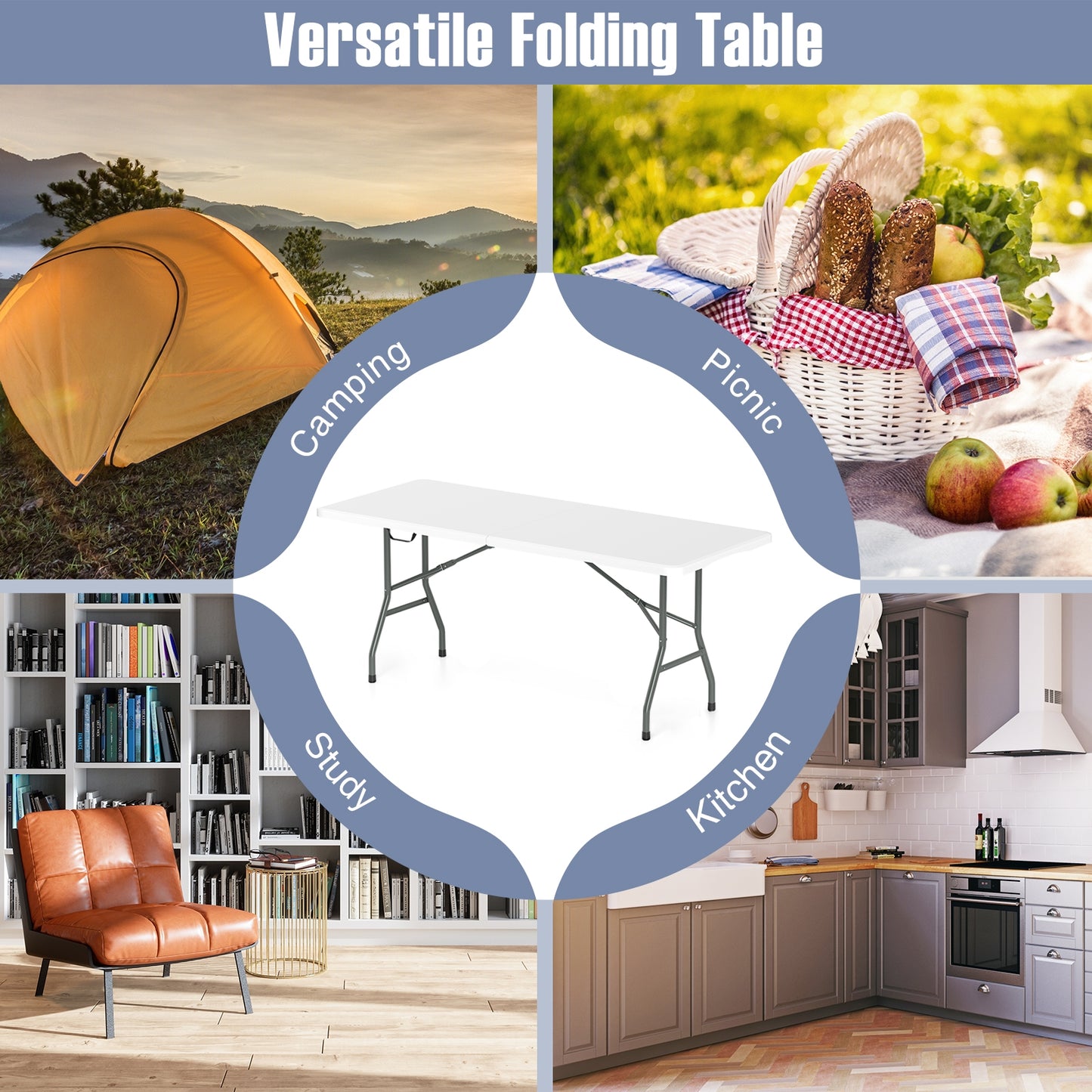 6 ft Portable Folding Table 350 LBS Fold-in-Half Table with HDPE Tabletop, White Camping Furniture at Gallery Canada