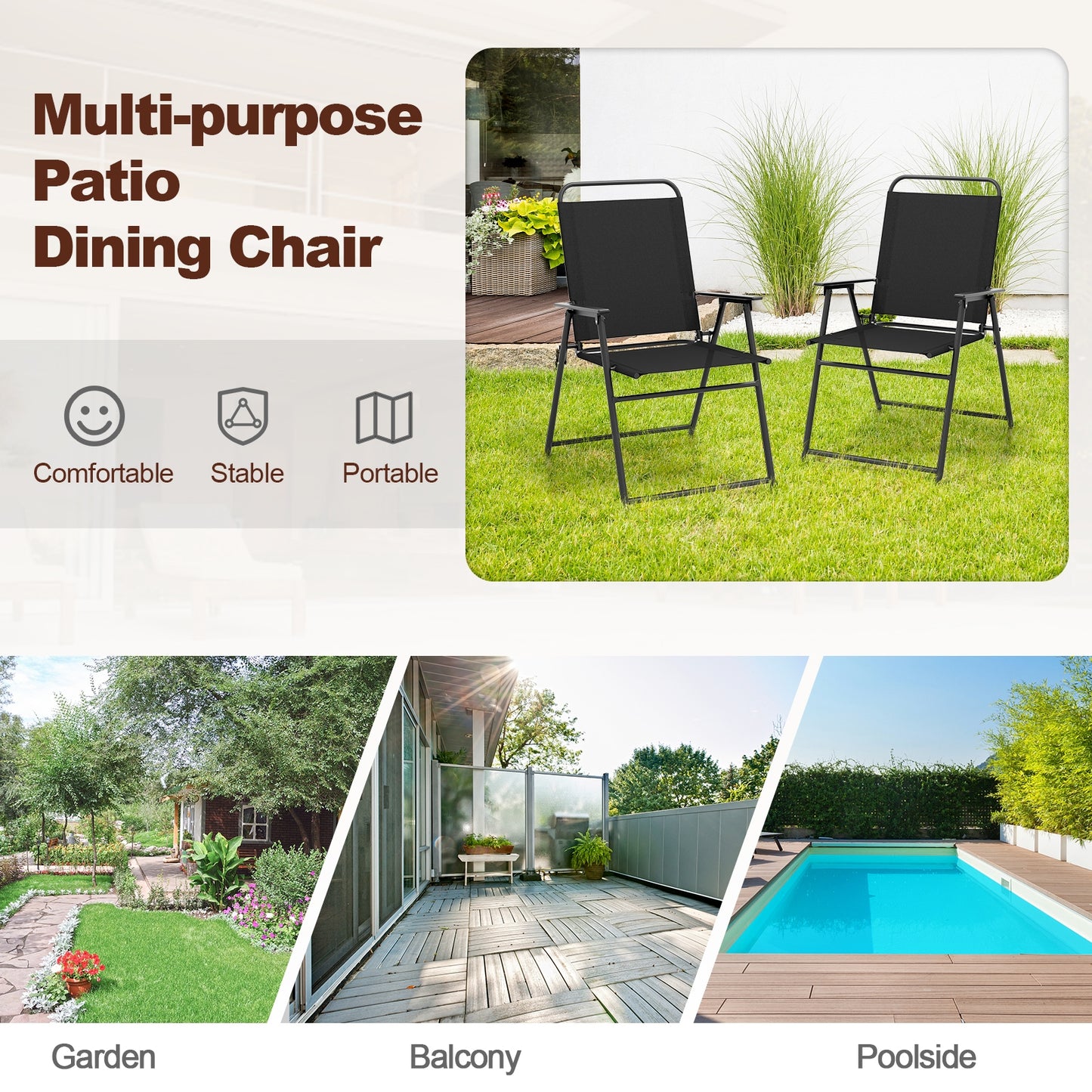 Outdoor Folding Sling Chairs, Set of 4, Black Patio Dining Chairs at Gallery Canada