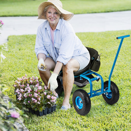 Rolling Garden Cart, Height Adjustable Swivel Seat, Storage Basket, Blue Garden Carts Blue at Gallery Canada