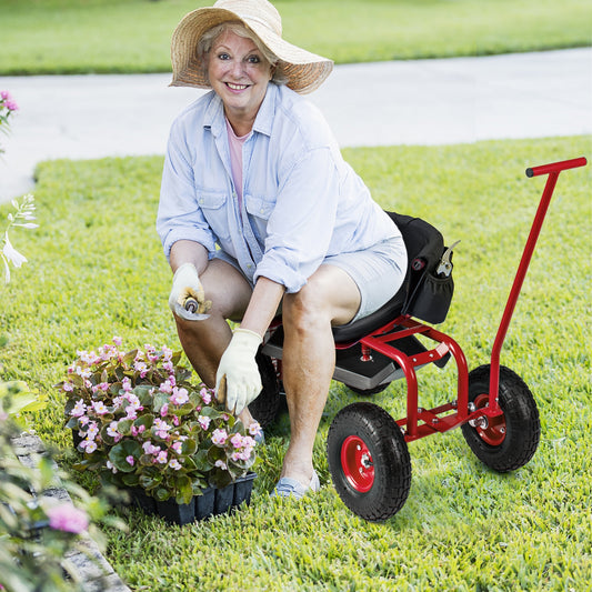 Chariot de jardin avec siège réglable, panier de rangement, rouge