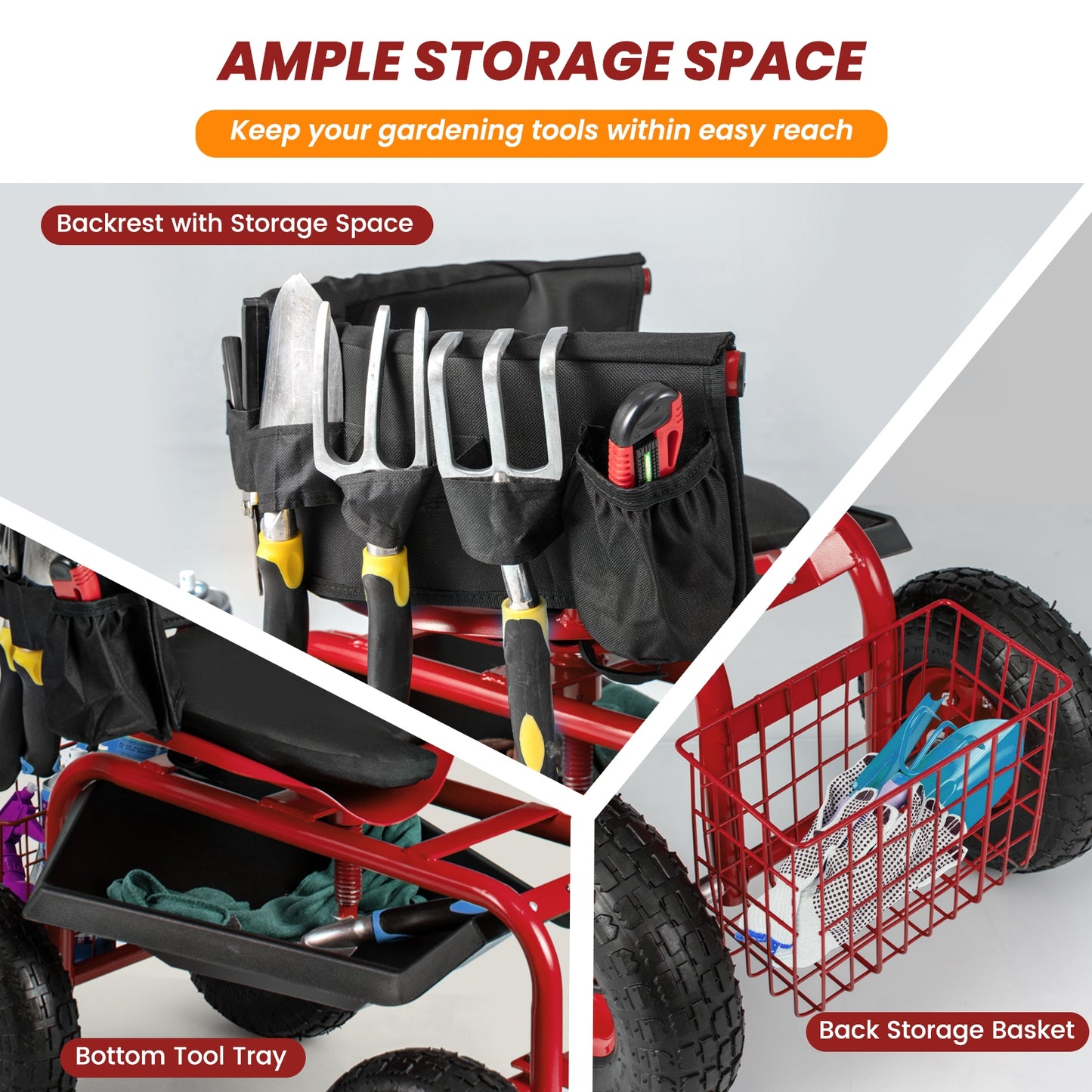 Garden Cart With Adjustable Seat, Storage Basket, Red Garden Carts at Gallery Canada