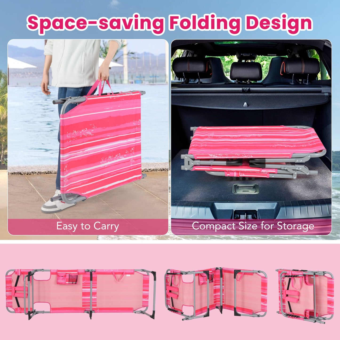 Folding Beach Lounge Chair With Pillow, Pink And White Outdoor Chaise Lounges at Gallery Canada