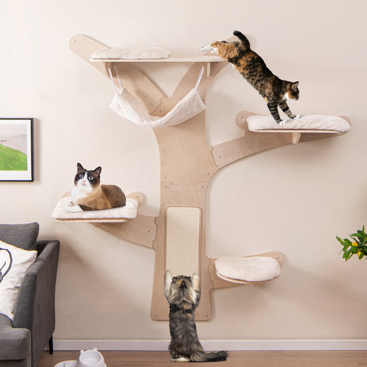Wall-Mounted Cat Tower With Hammock Platforms, Sisal Scratching Mat, Natural Cat Trees Condos & Scratchers Natural at Gallery Canada