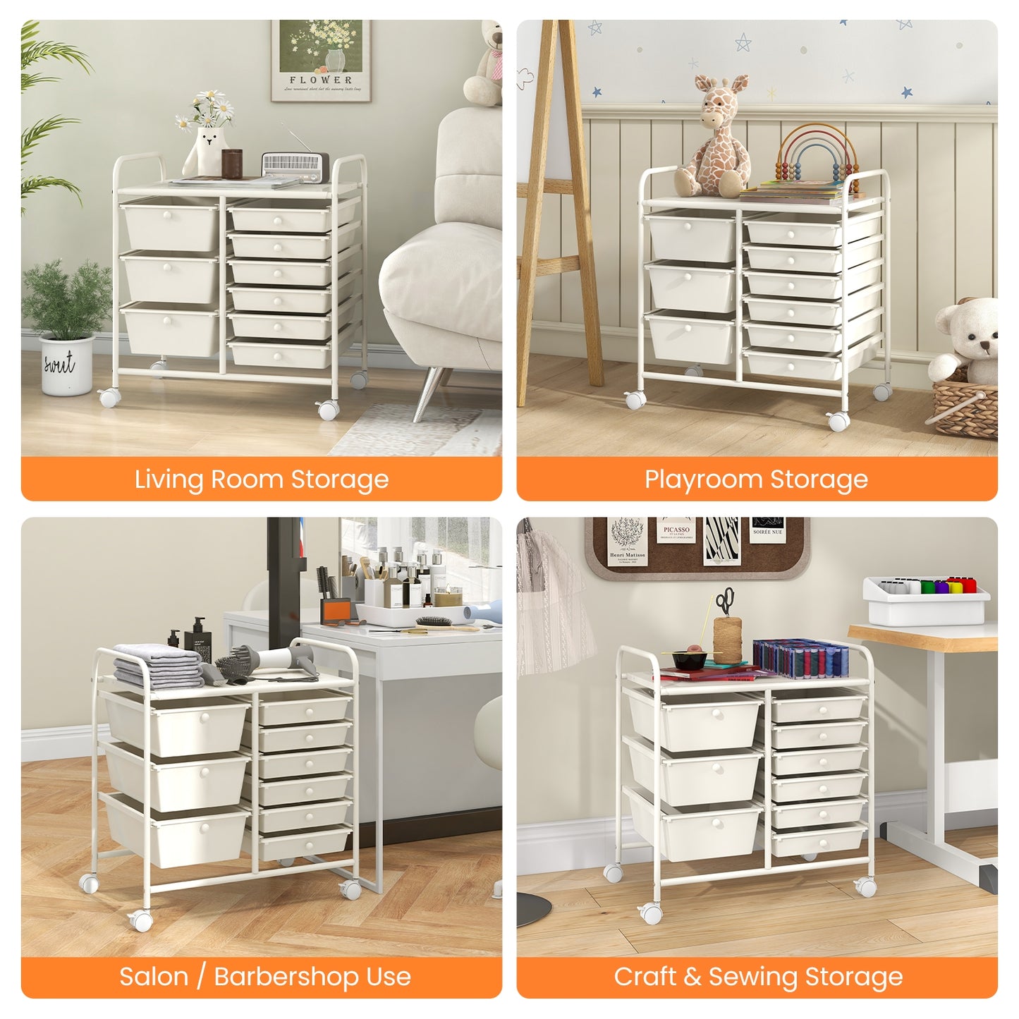 9-Drawer Rolling Storage Cart, Metal Frame, White File Cabinets at Gallery Canada