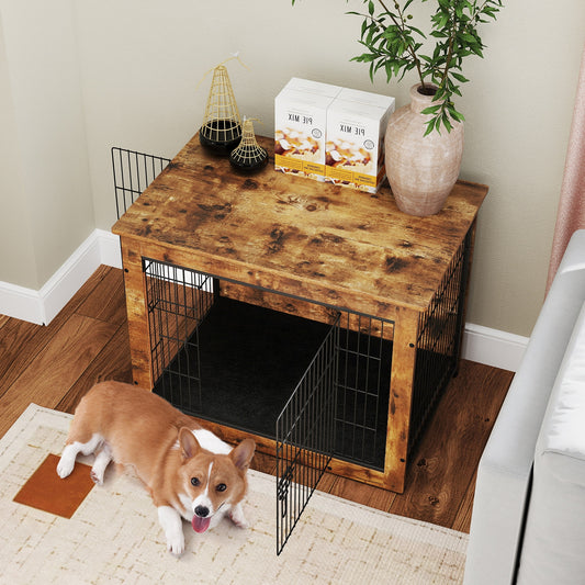 Dog Crate Furniture with Cushion and Double Doors for Small/Medium Dogs-33 Inches Dog Kennels Rustic Brown, Black at Gallery Canada