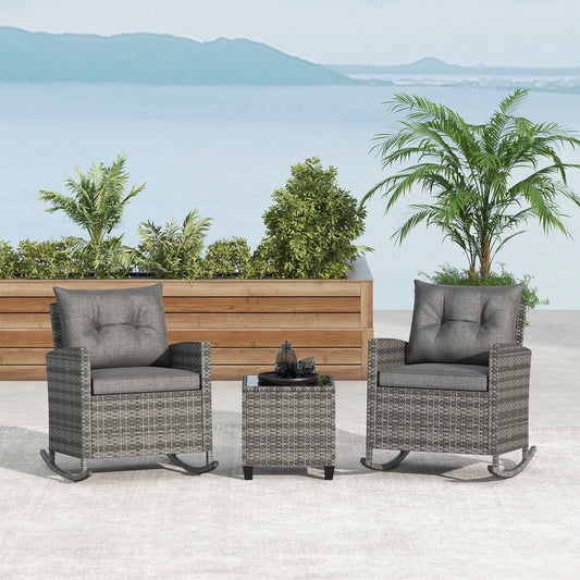 Rattan Rocker Chair With Glass Table, Soft Cushions, Gray Patio Conversation Sets Gray at Gallery Canada