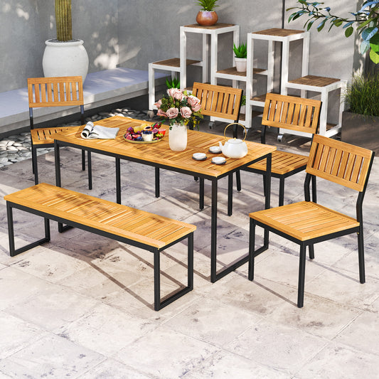 6 Pieces Outdoor Acacia Wood Dining Set with Bench and 2 Inches Umbrella Hole Patio Dining Sets Natural, Black at Gallery Canada