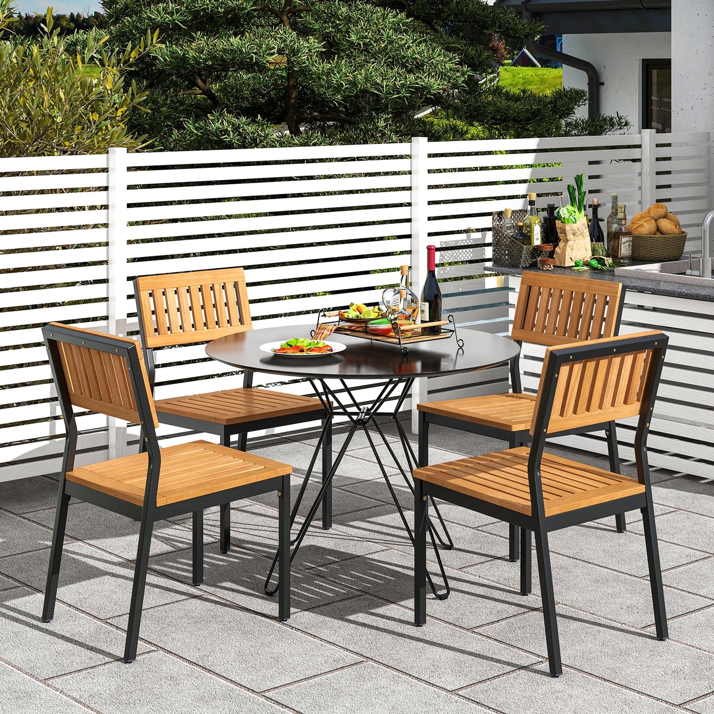 6 Pieces Outdoor Acacia Wood Dining Set with Bench and 2 Inches Umbrella Hole Patio Dining Sets at Gallery Canada