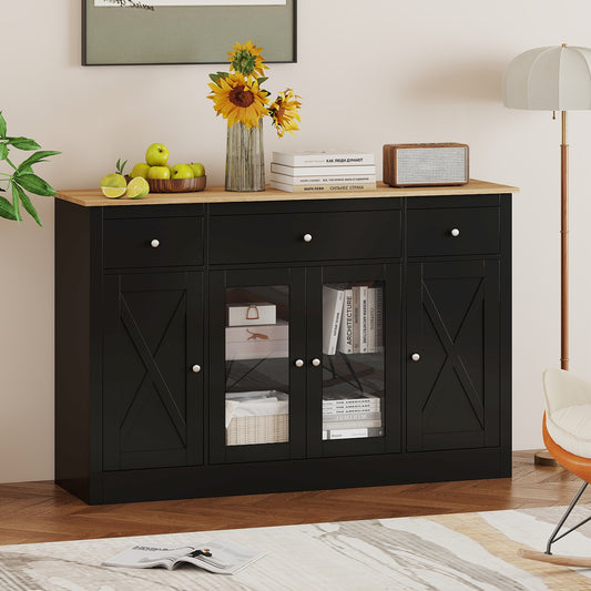 55" Large Buffet Sideboard Kitchen Storage Cabinet with 3 Drawers 2 See-through Doors Adjustable Shelves Wine Bar Table, Black Sideboards Cabinets & Buffets Black at Gallery Canada