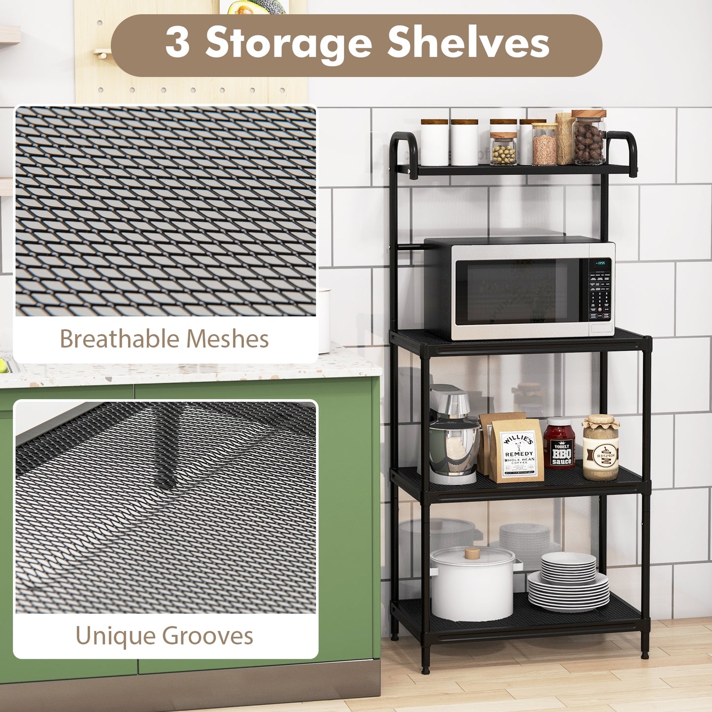 4-Tier Kitchen Microwave Storage Rack with Metal Shelves, Black Baker's Racks at Gallery Canada