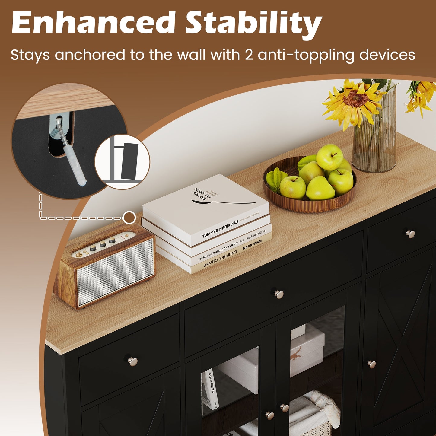 55" Kitchen Storage Cabinet, 3 Drawers, 2 Glass Doors, Adjustable Shelves, Black Sideboards Cabinets & Buffets at Gallery Canada