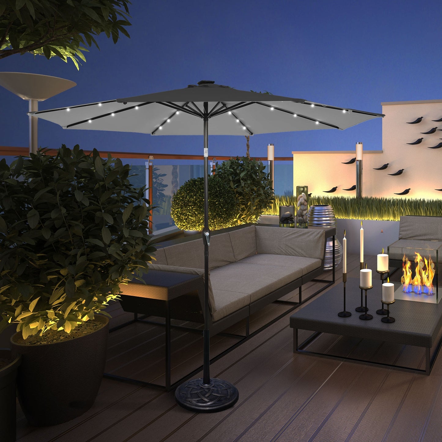 10 Feet Outdoor Patio Umbrella, Solar LED Lights, Gray Outdoor Umbrellas at Gallery Canada