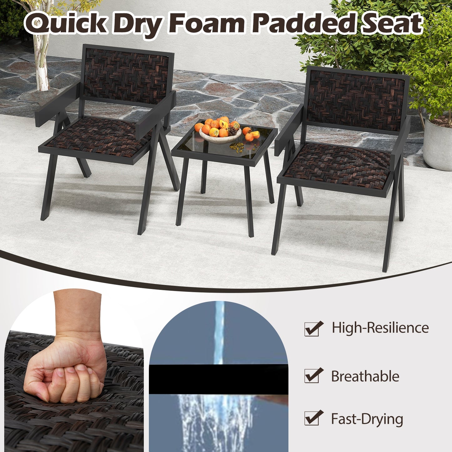 3 Piece Patio PE Wicker Bistro Set, Quick-Dry Foam, Black Patio Conversation Sets at Gallery Canada
