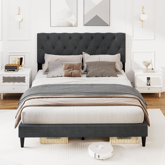 Upholstered Platform Bed with Tufted Headboard and Wooden Slats Gray-Queen Size Simple Bed Frame Gray at Gallery Canada