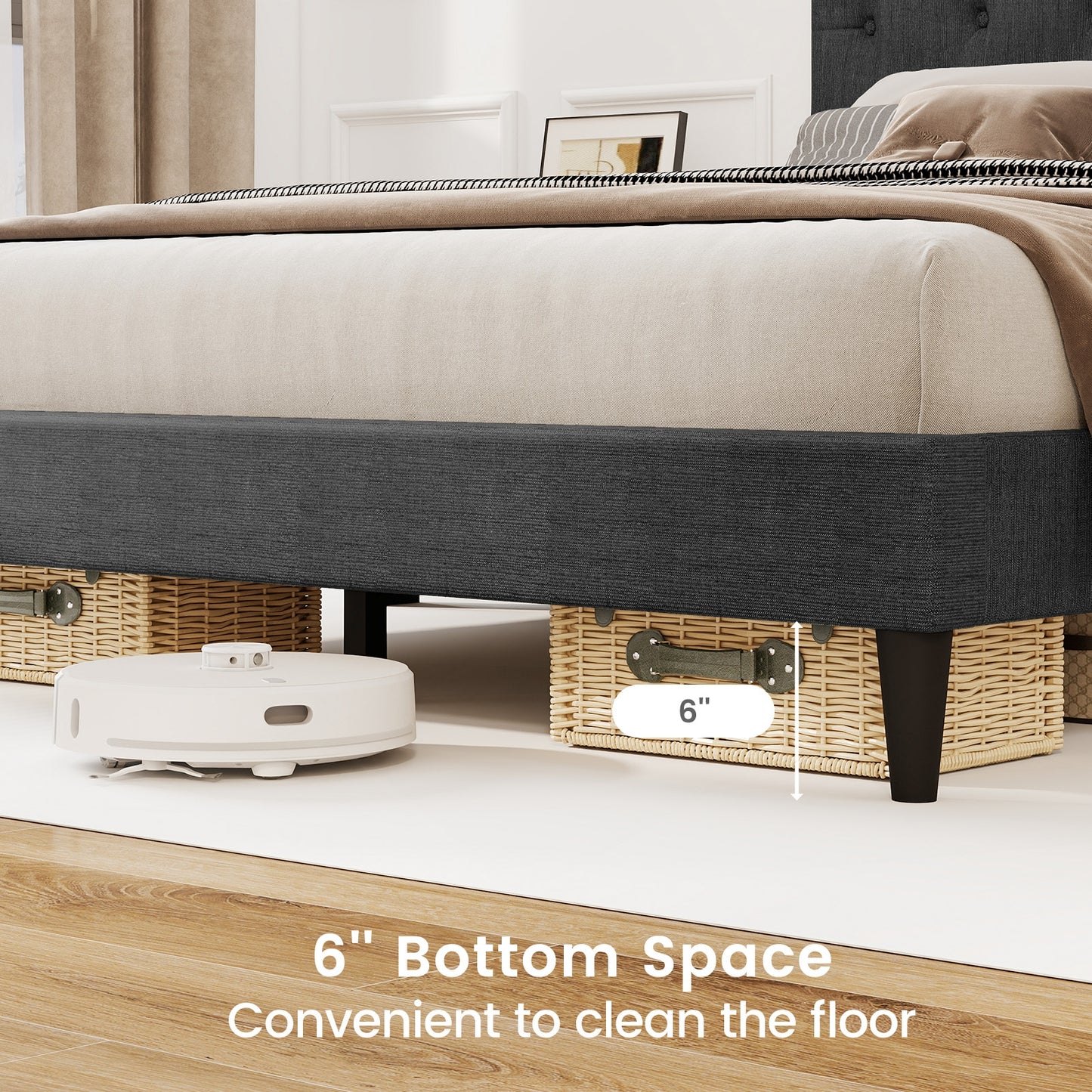 Upholstered Platform Bed with Tufted Headboard and Wooden Slats Gray-Queen Size Simple Bed Frame at Gallery Canada