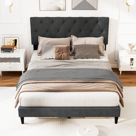 Upholstered Platform Bed with Tufted Headboard and Wooden Slats Gray-Full Size Simple Bed Frame Gray at Gallery Canada