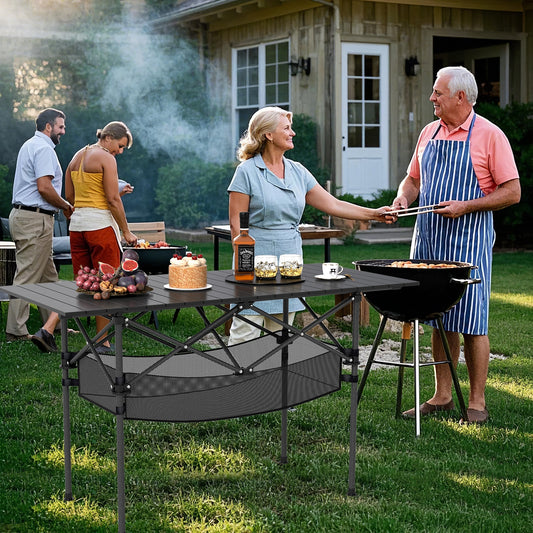Patio Folding Camping Table with Roll-up Tabletop and Mesh Basket, Black Camping Furniture Black at Gallery Canada