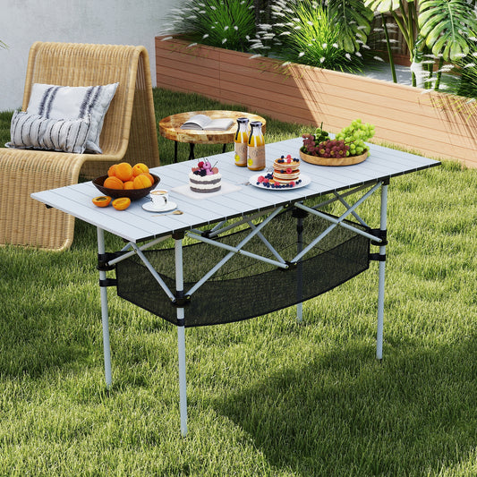 Patio Folding Camping Table with Roll-up Tabletop and Mesh Basket, Silver Camping Furniture Silver at Gallery Canada