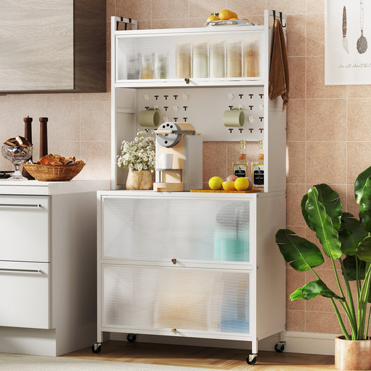 5 Tier Kitchen Bakers Rack with Lights Multifunctional Microwave Stand with Flip Door Cabinets, White Sideboards Cabinets & Buffets White at Gallery Canada