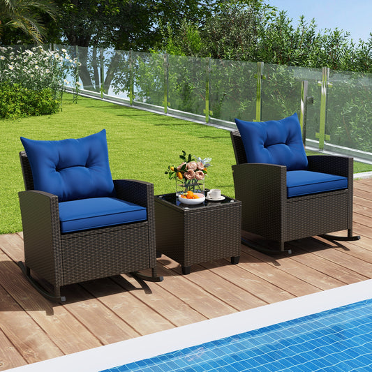 3-Piece Patio Rattan Roker Chairs with Tempered Glass Table and Soft Cushions, Navy Patio Conversation Sets Navy at Gallery Canada