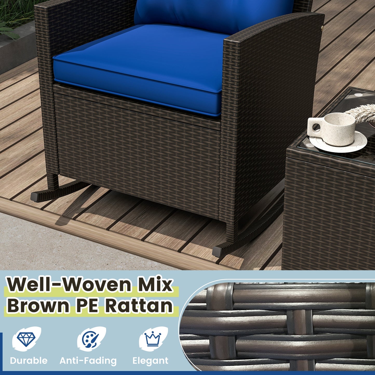 3-Piece Patio Rattan Rocker Chairs, Tempered Glass Table, Navy Patio Conversation Sets at Gallery Canada