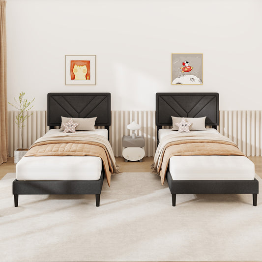 Upholstered Platform Bed with Tufted Headboard and Wooden Slats-Twin Size, Gray Simple Bed Frame Gray at Gallery Canada