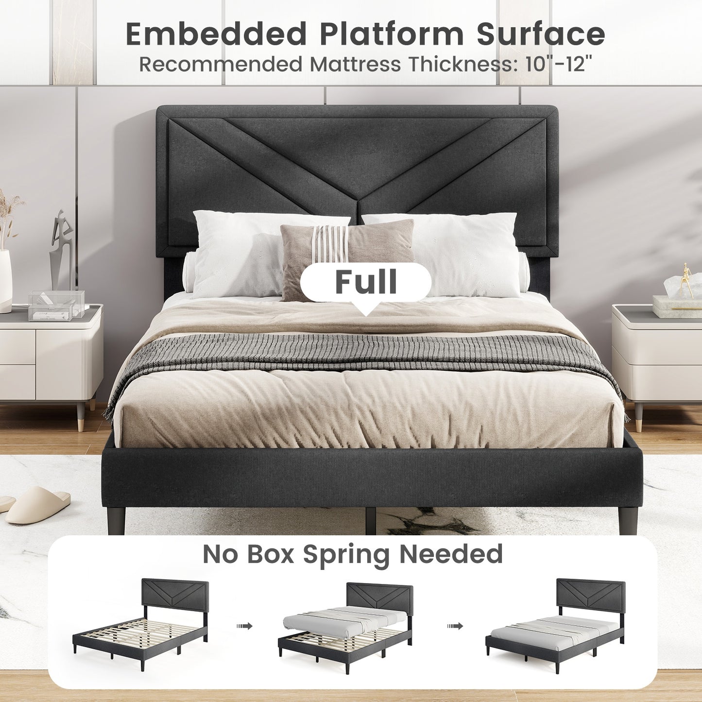 Lit à plateforme rembourré avec tête de lit capitonnée, taille complète, gris