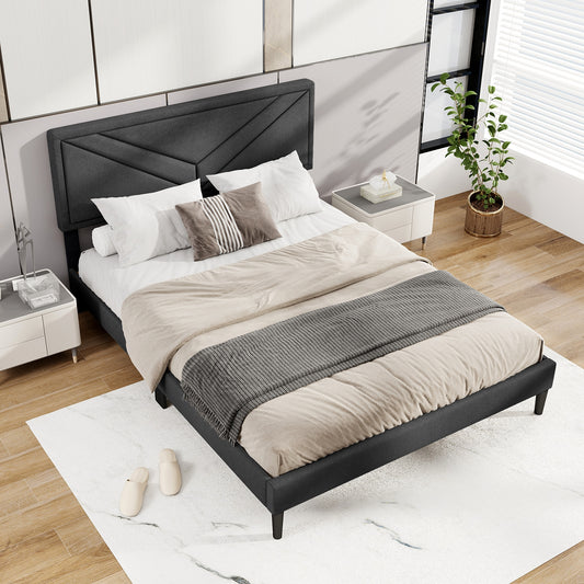 Upholstered Platform Bed with Tufted Headboard and Wooden Slats-Queen Size, Gray
