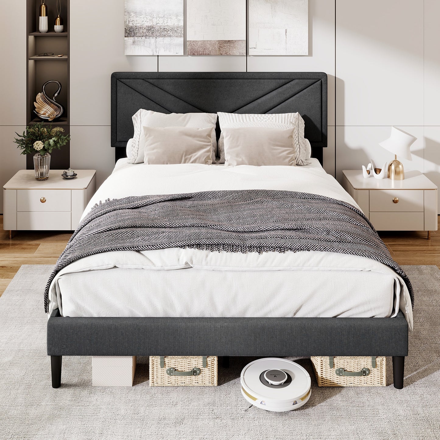 Upholstered Platform Bed with Tufted Headboard and Wooden Slats-Queen Size, Gray Simple Bed Frame at Gallery Canada