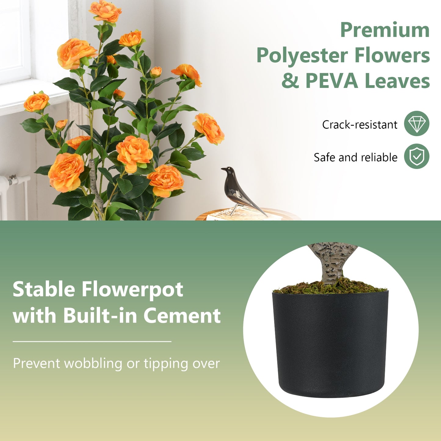 36 Inch Artificial Camellia Tree, Blooming Flower, Orange