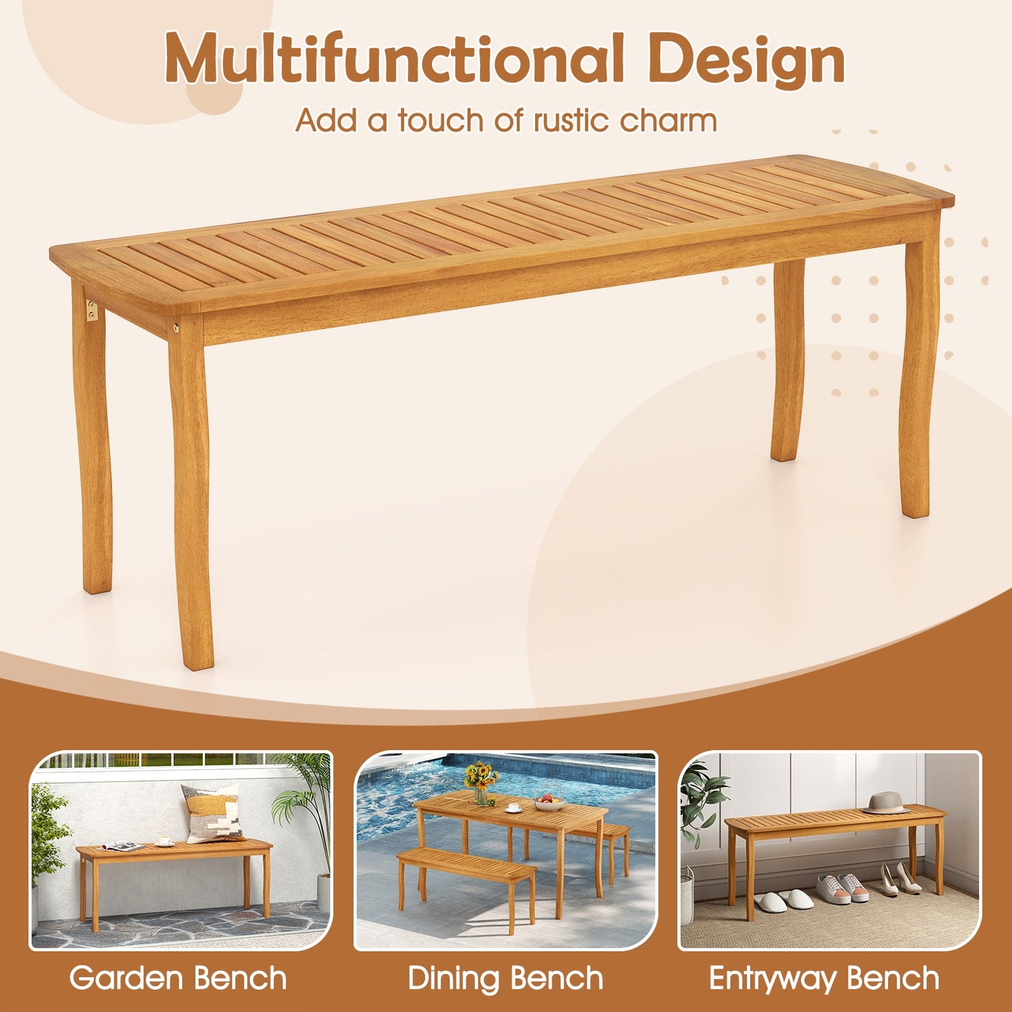 Acacia Wood Outdoor 48" Long Patio Dining Bench, Natural Outdoor Benches at Gallery Canada