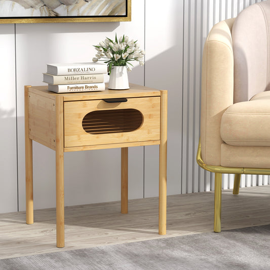Bamboo Nightstand, Square Tall End Table, Decorated Drawer, Natural Nightstands Natural at Gallery Canada