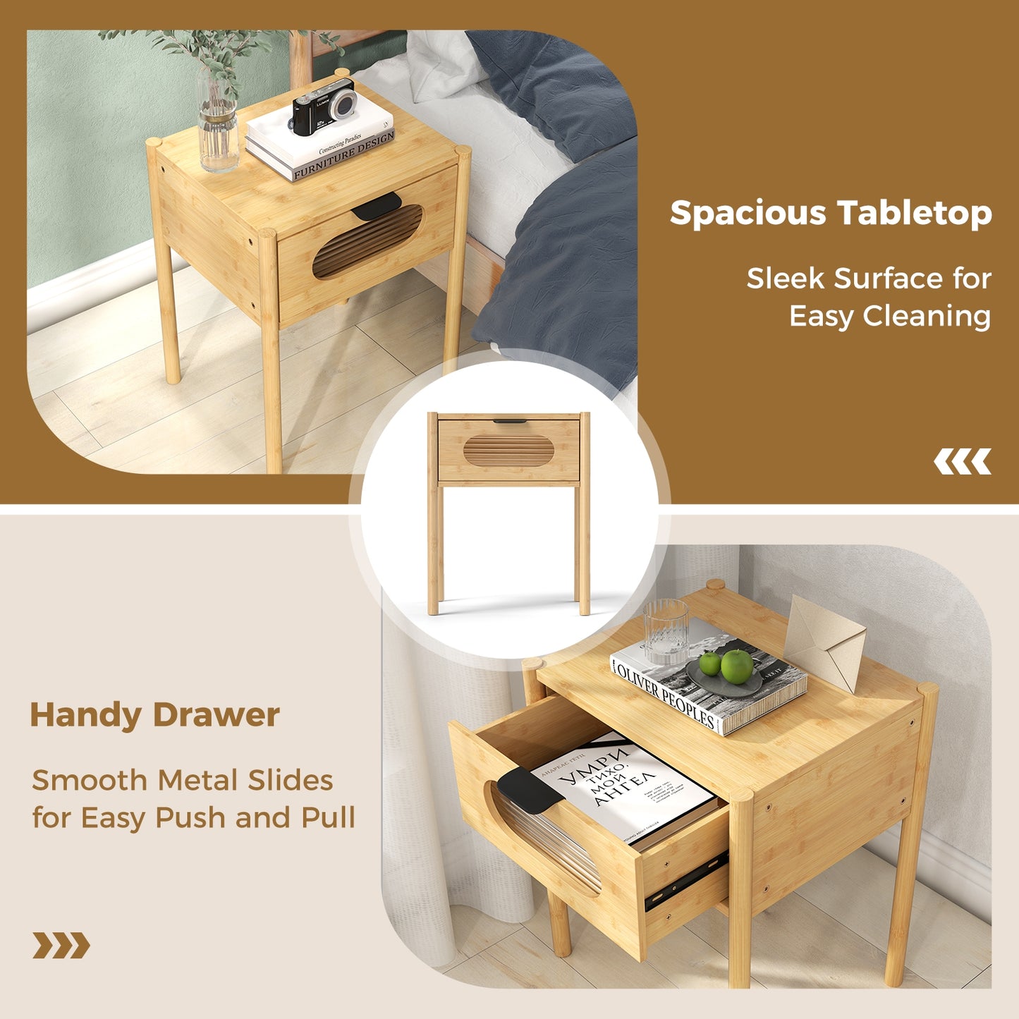 Bamboo Nightstand Square Tall End Table with Decorated Drawer, Natural Nightstands at Gallery Canada