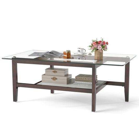 42 Inch Rectangular 2-Tier Glass Coffee Table, Brown