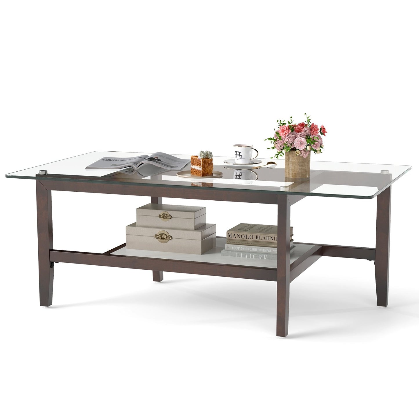 42 Inch Rectangular 2-Tier Glass Coffee Table with Storage Shelf, Brown Coffee Tables at Gallery Canada