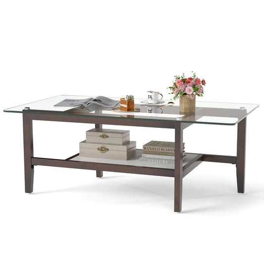 42 Inch Rectangular 2-Tier Glass Coffee Table with Storage Shelf, Brown Coffee Tables Brown at Gallery Canada