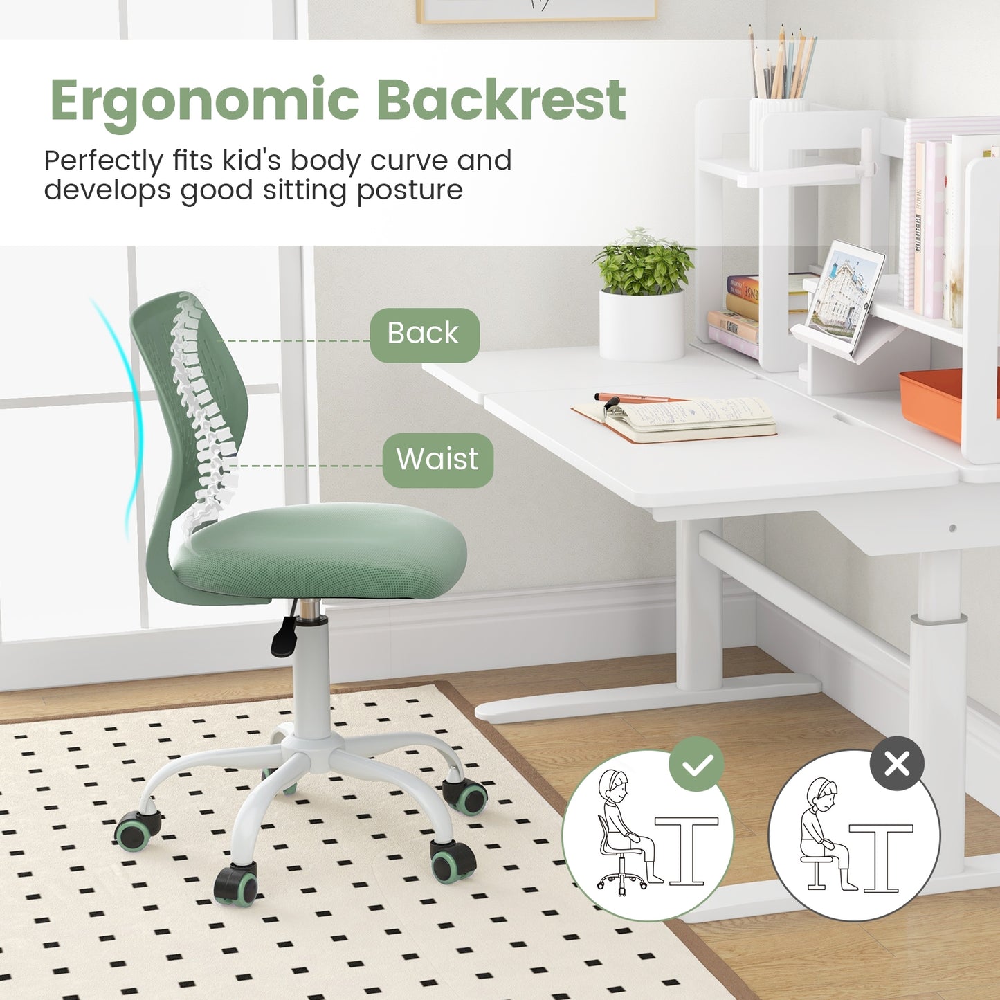 Adjustable Height Ergonomic Children Study Chair, Green