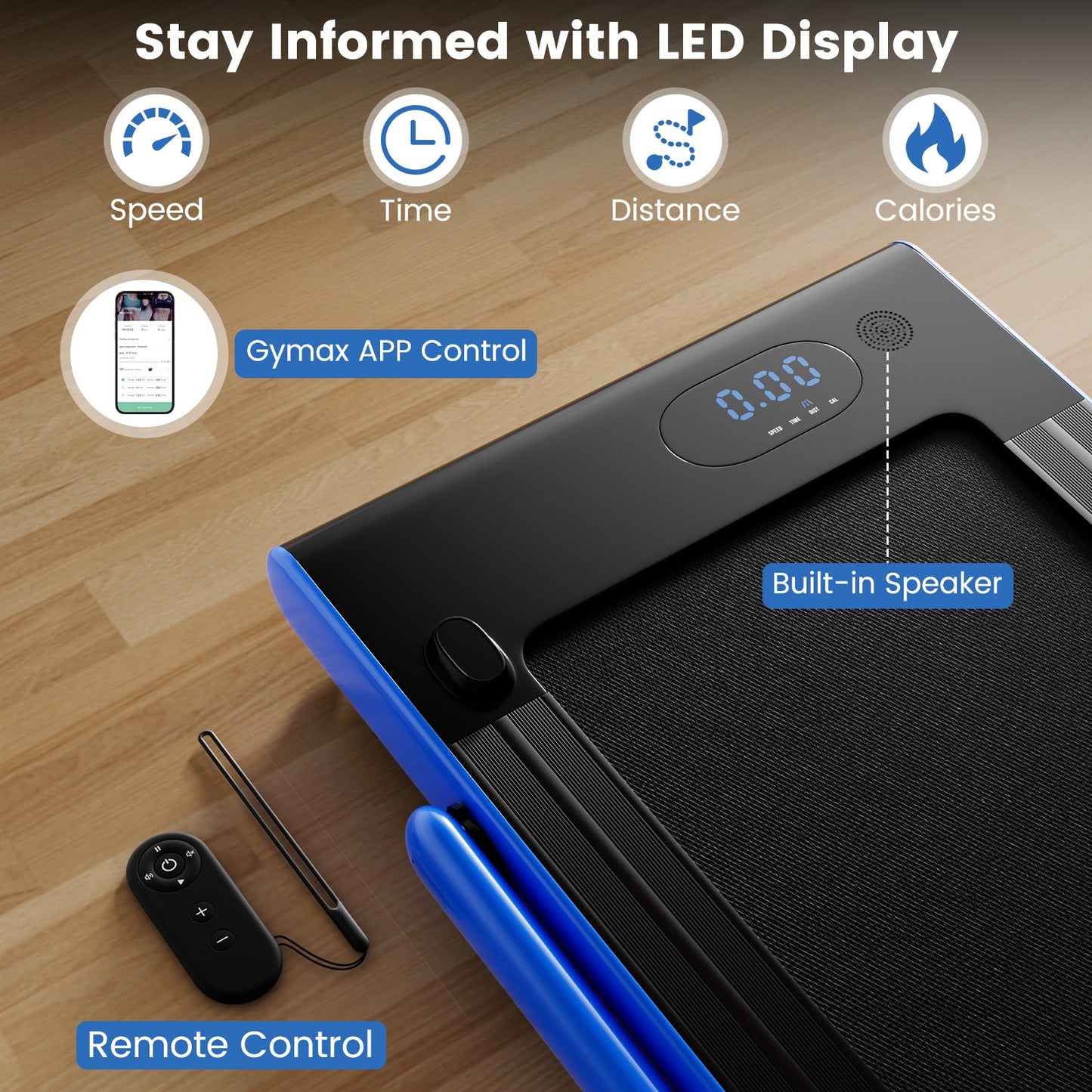Tapis de course pliable 3-en-1 3HP, télécommande d'applications intelligentes, haut-parleurs, bleu marine