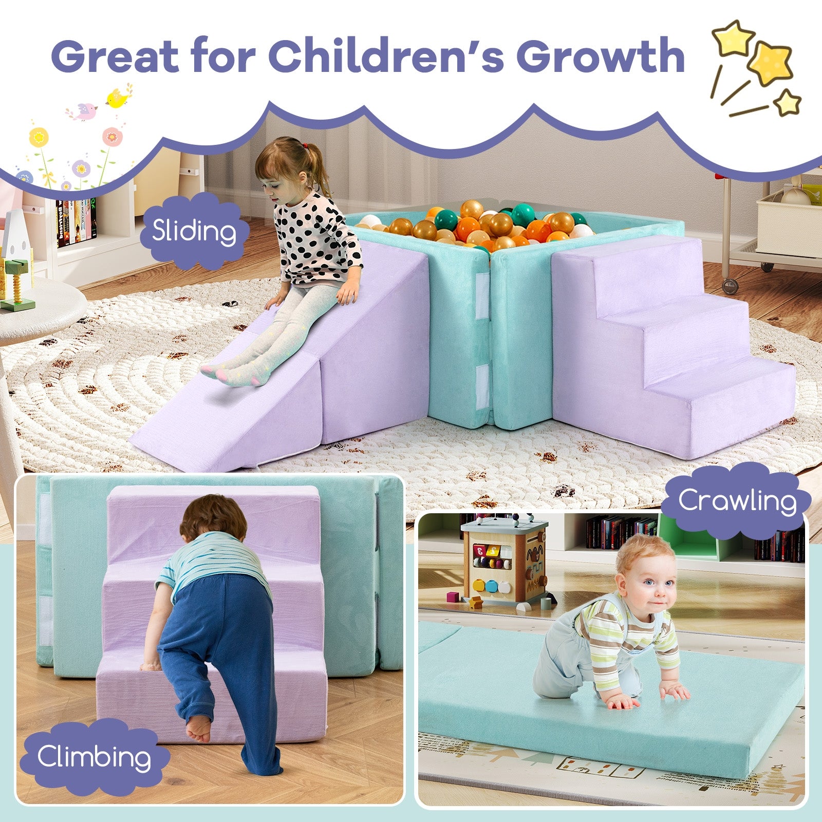 3-in-1 Suede Fabric Soft Play Set Foam Climbing Blocks for Toddlers, Purple Climbers & Slides at Gallery Canada