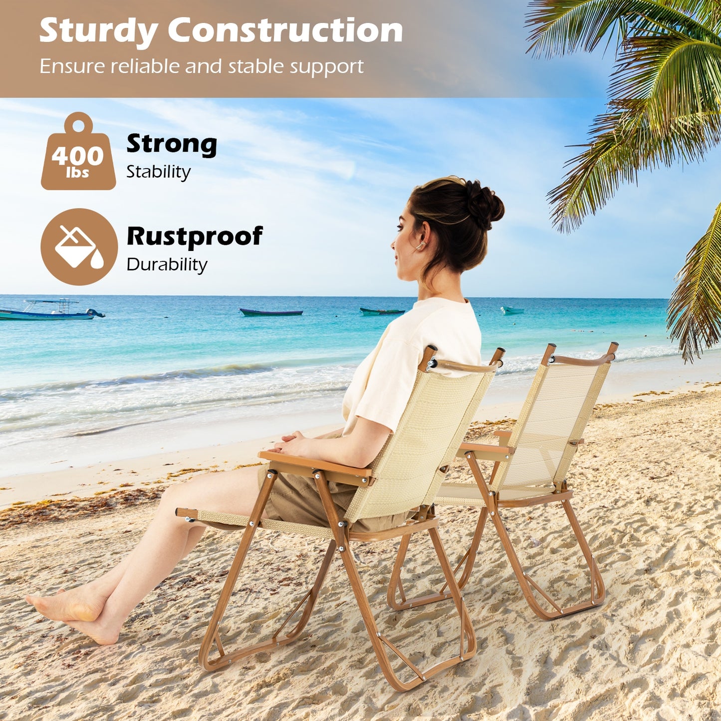 Folding Camp Chairs, Set of 2, Lightweight Beach Chairs, Beige Beach & Lawn Chairs at Gallery Canada