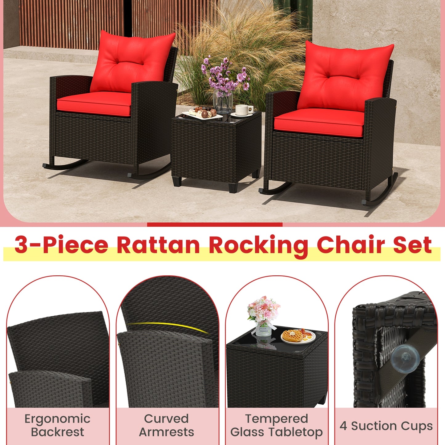 3-Piece Rattan Rocker Chairs With Glass Table, Red Patio Conversation Sets at Gallery Canada