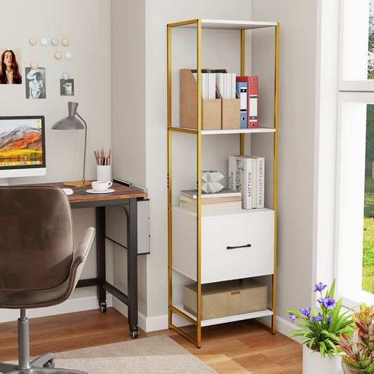 5-Tier Narrow Bookcase, 4 Open Shelves, Storage Drawer, White Bookcases White at Gallery Canada