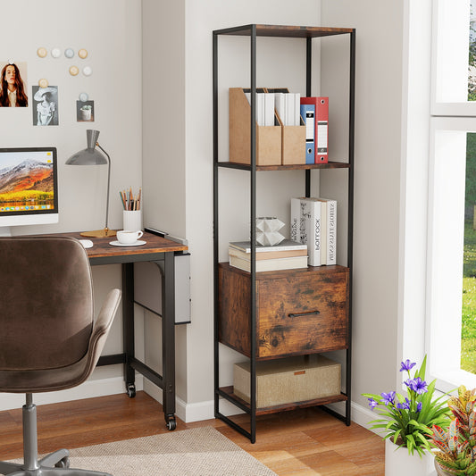 5-Tier Narrow Bookcase, 4 Open Shelves, Storage Drawer, Rustic Brown Bookcases Rustic Brown at Gallery Canada
