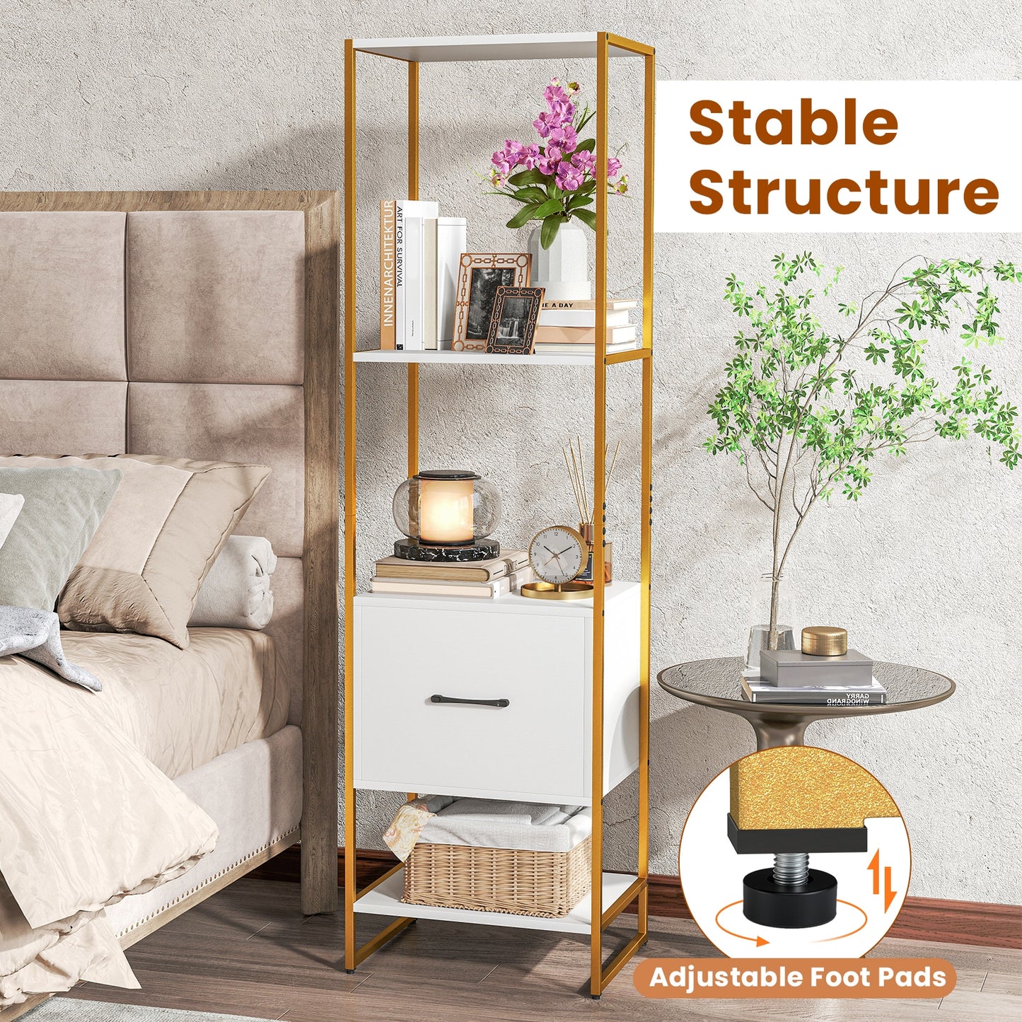 5-Tier Narrow Bookcase, 4 Open Shelves, Storage Drawer, White Bookcases at Gallery Canada