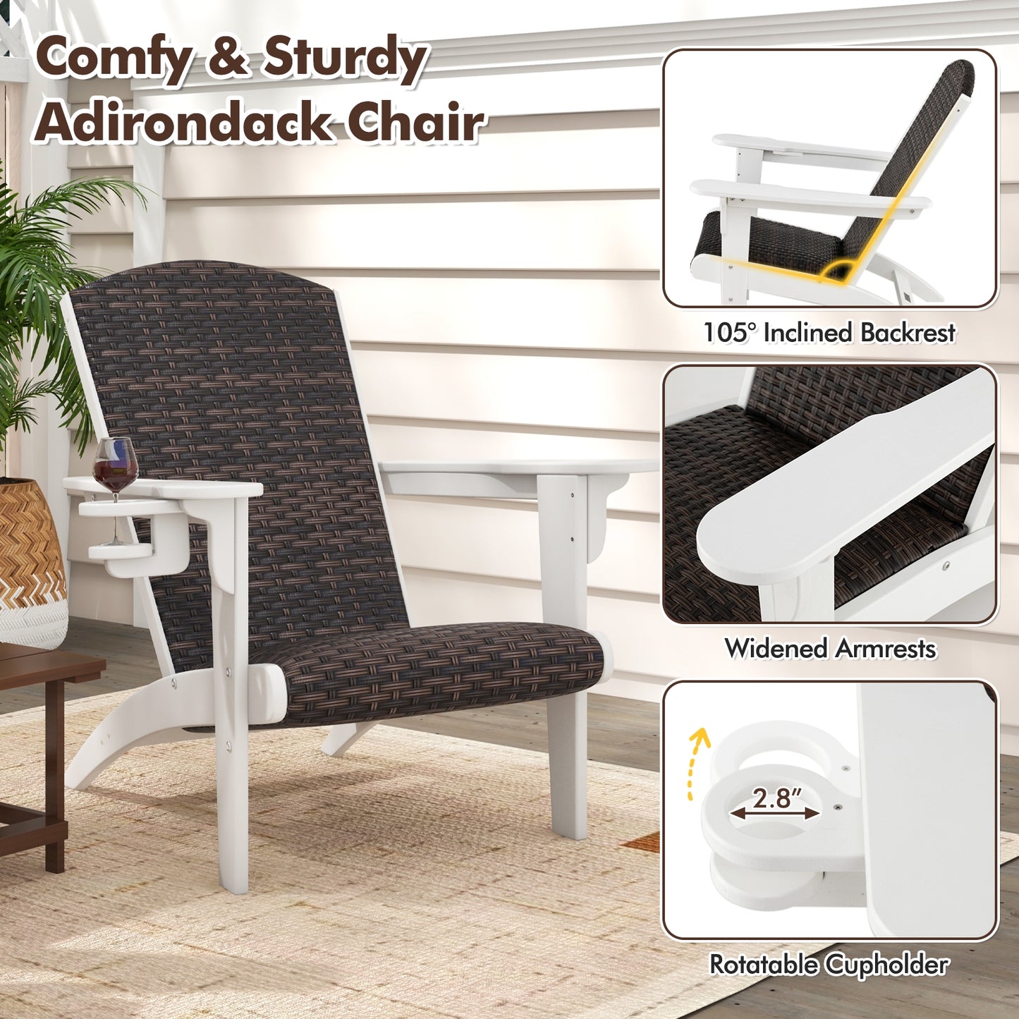 Patio Adirondack Chair, Rattan Padded Seat, Hidden Cupholder, White Adirondack Chairs at Gallery Canada